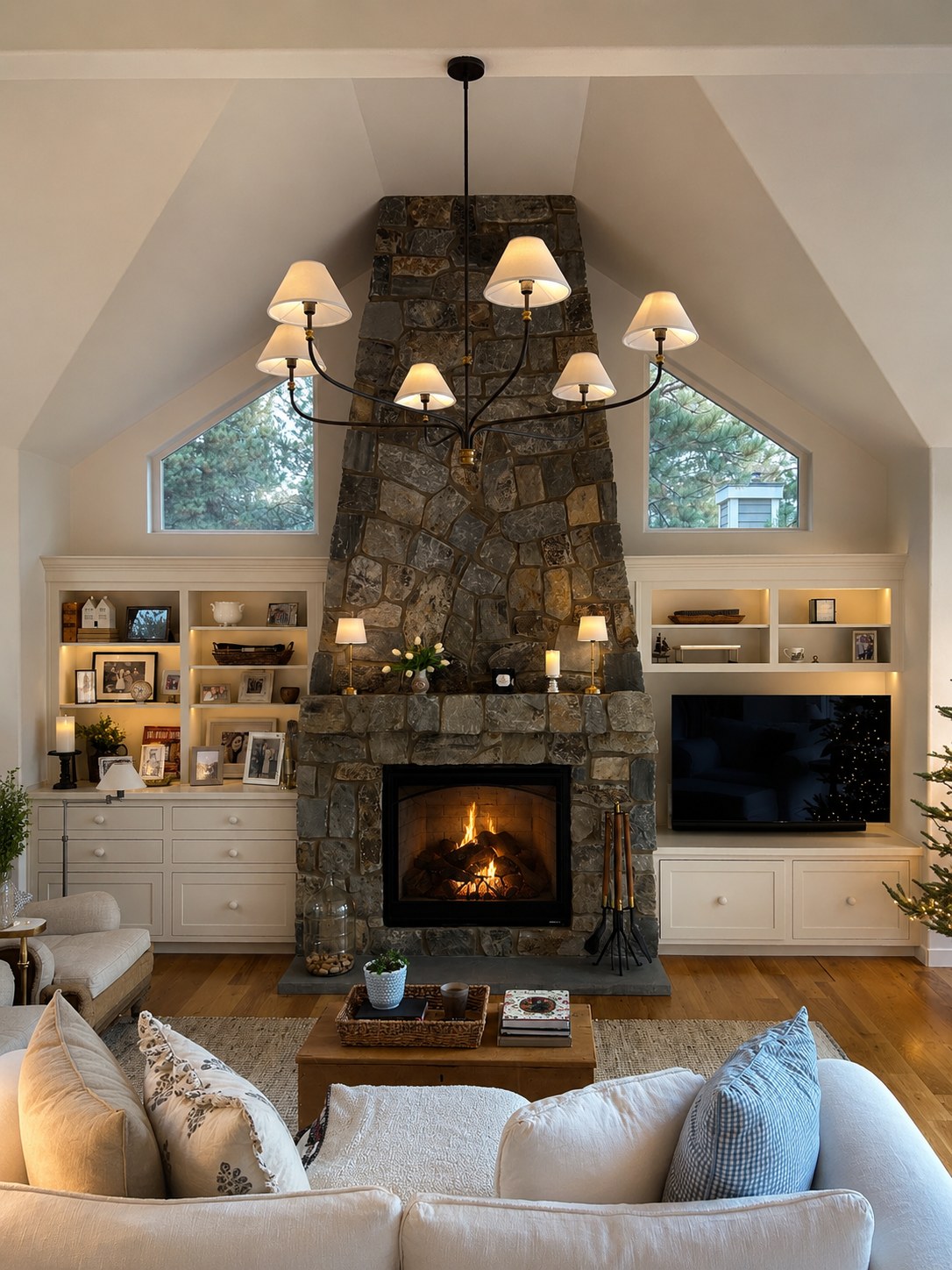 Floor-to-ceiling river rock fireplace with built-in white cabinetry and iron chandelier — great room remodel at Awbrey Glen, Bend Oregon