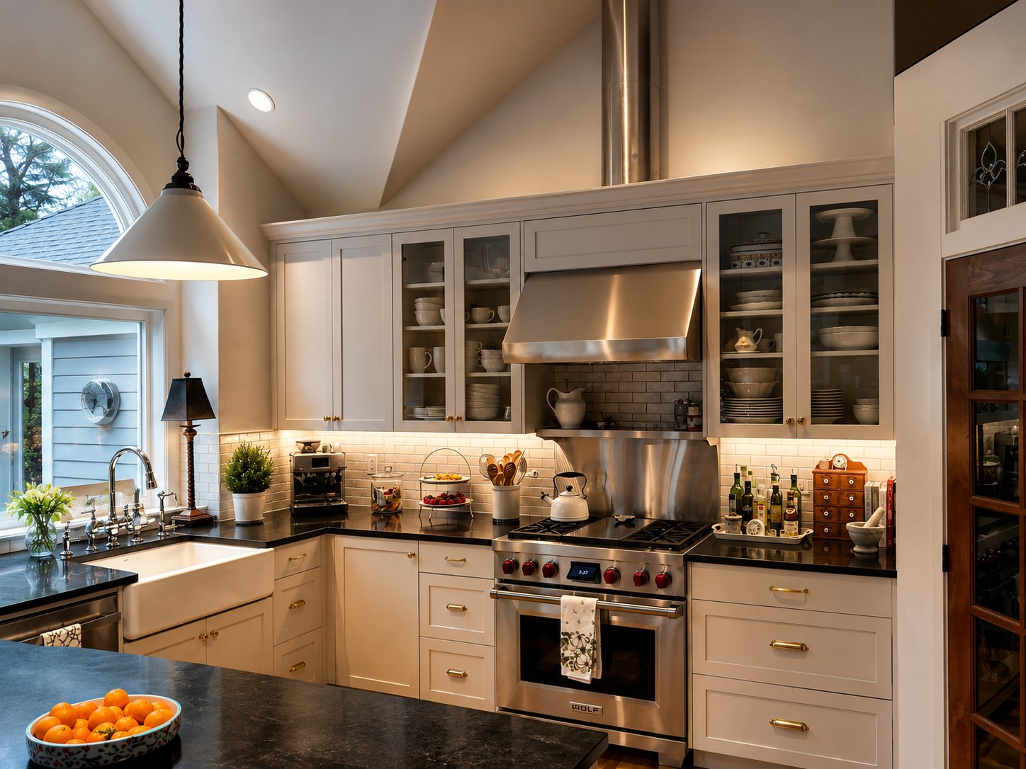 Full kitchen remodel at Awbrey Glen Golf Course — white shaker cabinets, Wolf range, farmhouse sink, black granite countertops, subway tile backsplash, and vaulted ceiling — LT Northwest Builders, Bend Oregon