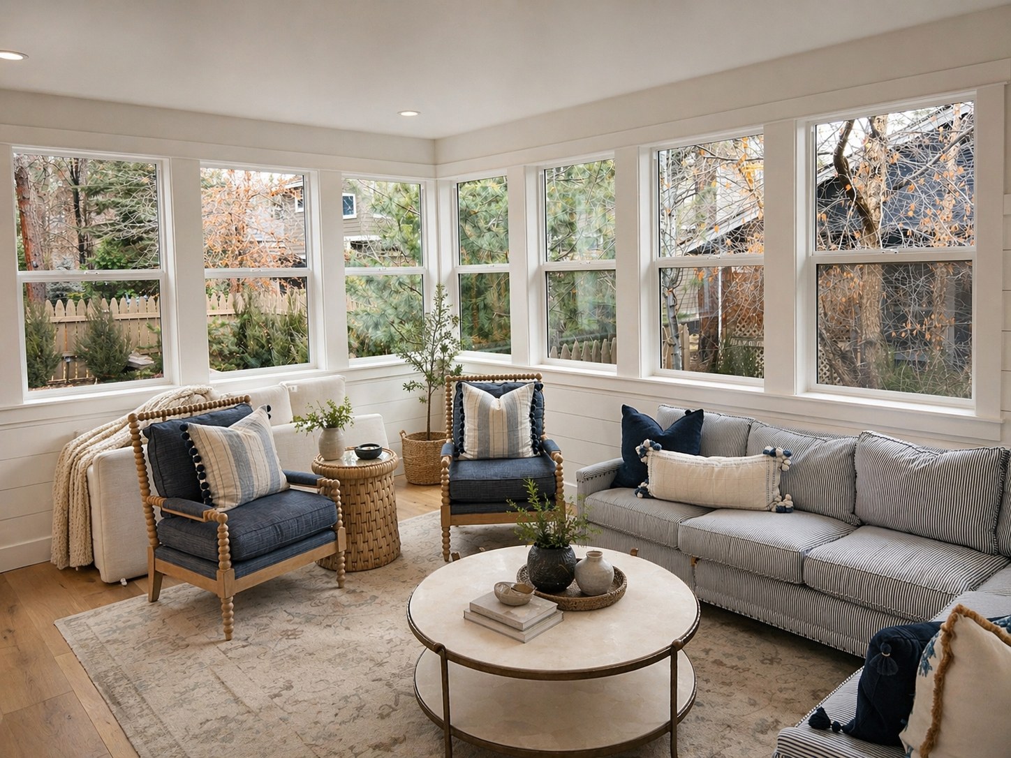 Custom sunroom addition at Broken Top community in Bend Oregon by LT Northwest Builders — wraparound double-hung windows on three walls, shiplap accent walls, wide-plank hardwood floors, bright open sitting area with natural light, part of a full addition including workout room and laundry room