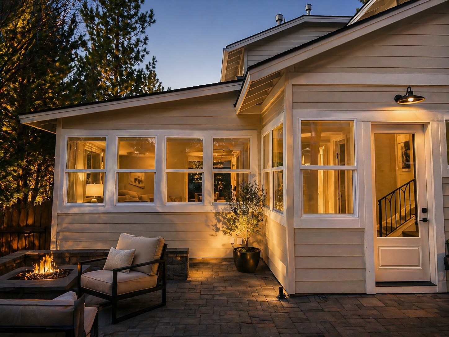 Twilight exterior of Broken Top home addition with sunroom, banks of windows glowing warm, paver patio and fire pit — LT Northwest Builders, Bend Oregon