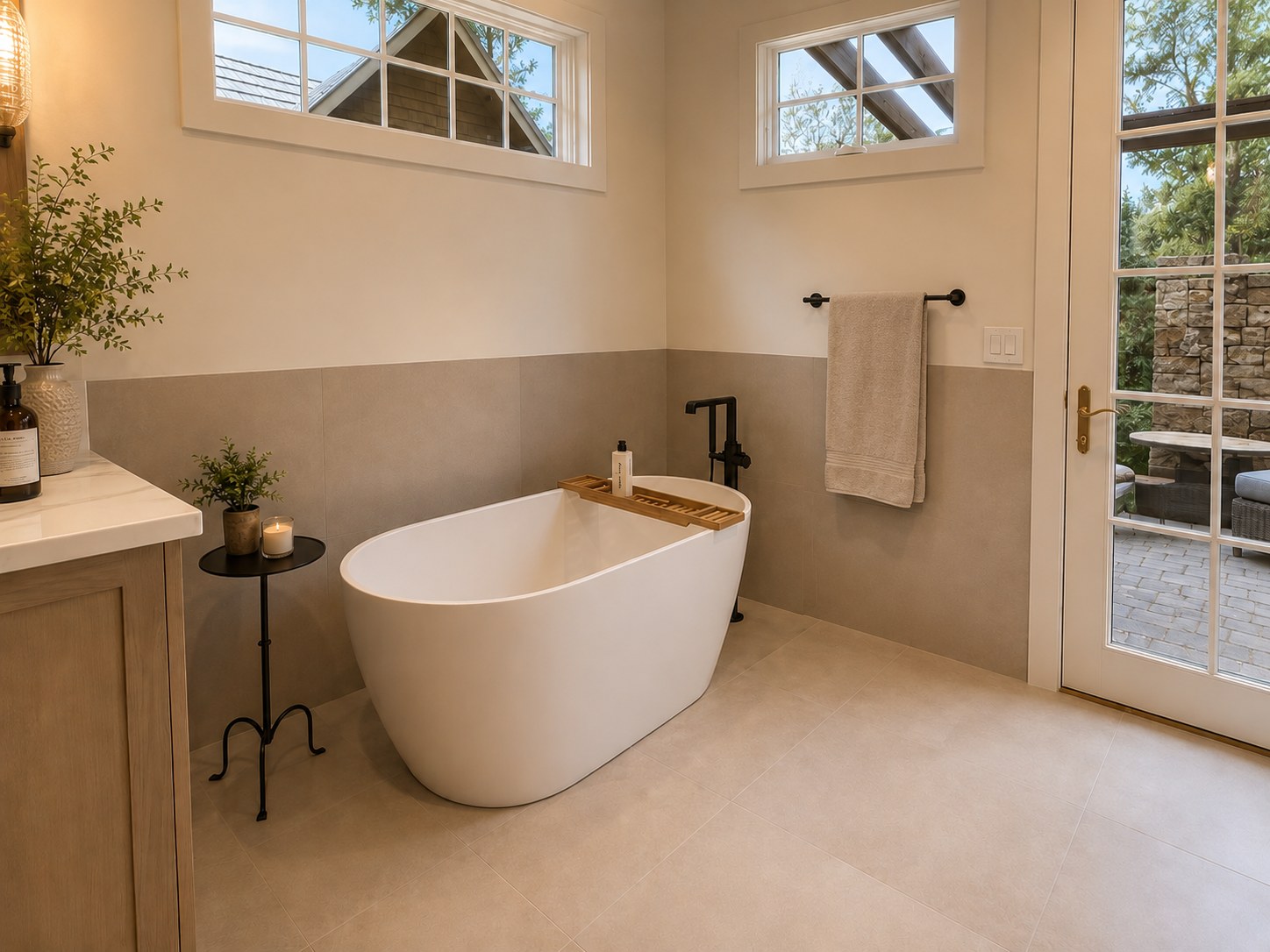 Freestanding soaking tub with French doors opening to stone patio — master suite remodel at Broken Top Golf Course, Bend Oregon