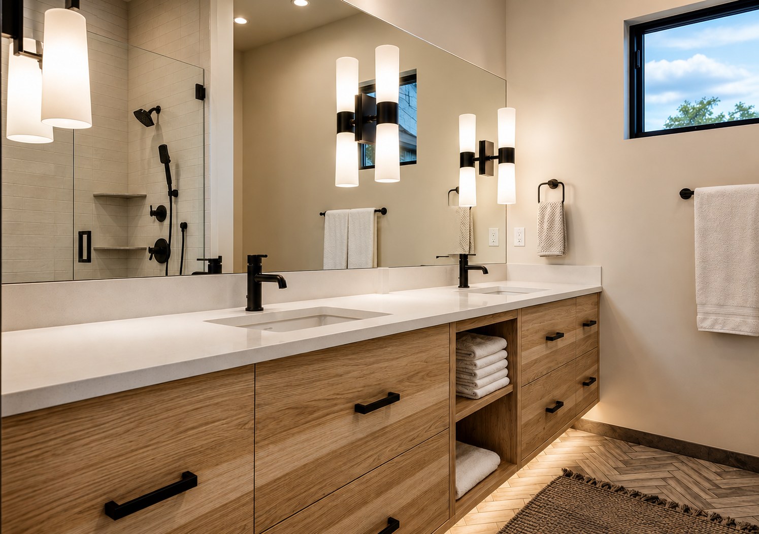 Brasada Ranch custom home master bath — floating white oak vanity, white quartz countertop, black fixtures, herringbone tile floor — LT Northwest Builders