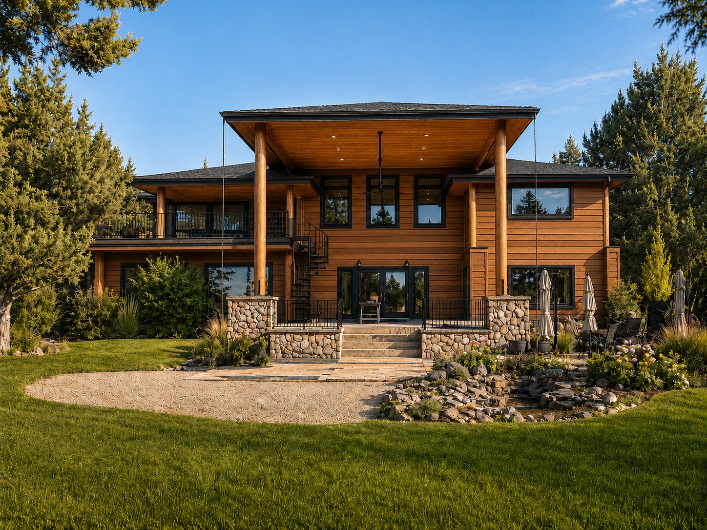 Central Oregon ranch 50-acre estate — covered outdoor living addition with log columns, cedar ceiling, river rock stone base, spiral staircase to upper deck, and patterned paver patio by LT Northwest Builders
