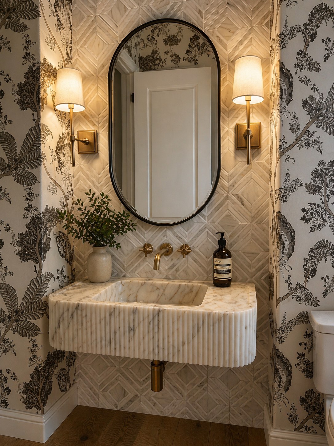 Luxury powder room in a custom home at Eagle Crest Golf Course Redmond Oregon built by LT Northwest Builders — hand-carved fluted marble floating sink, wall-mounted brass faucet, diamond-pattern textured tile accent wall, oval black-framed mirror, brass wall sconces, and designer botanical floral wallpaper