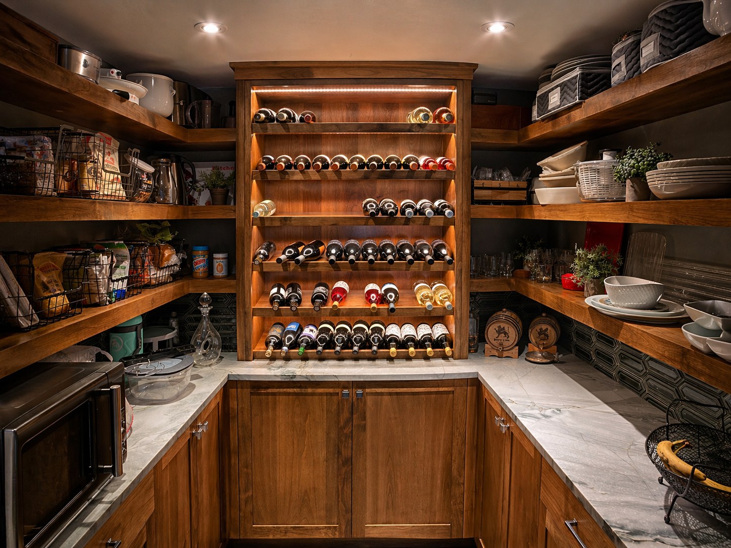 Custom walk-in pantry with floor-to-ceiling walnut shelving, built-in LED-lit wine rack, and marble countertops — Griffin Jr. Residence, Prineville Oregon — LT Northwest Builders