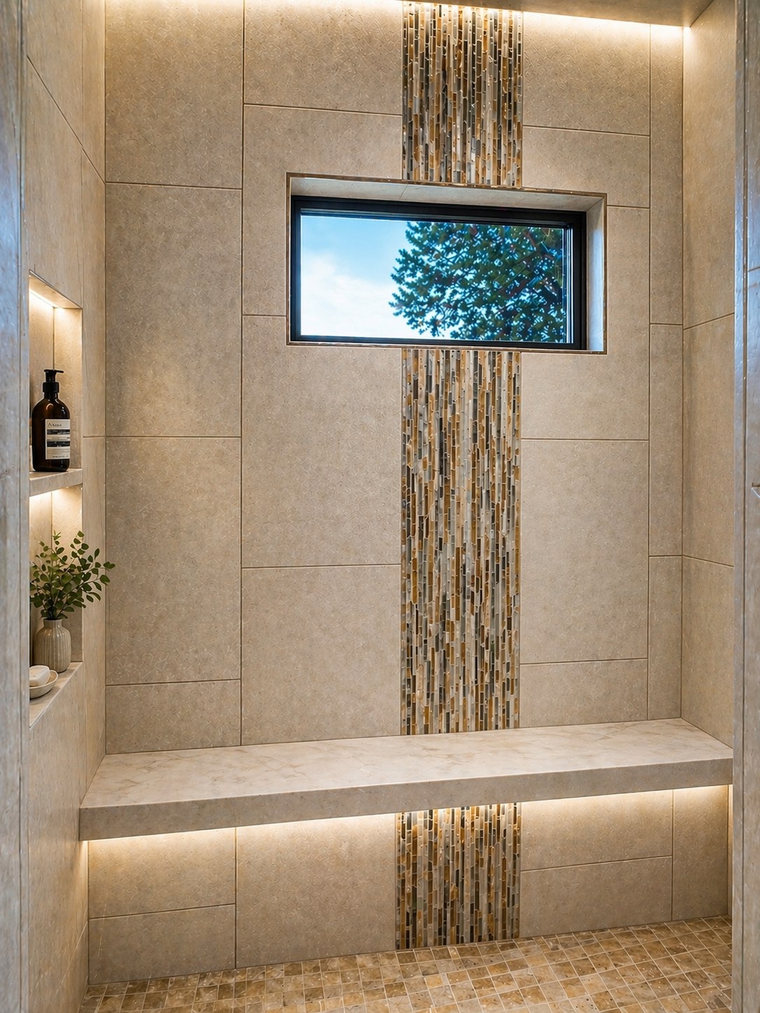 Master steam shower with large-format tile, mosaic glass accent, LED bench, and built-in niche — Griffin Residence