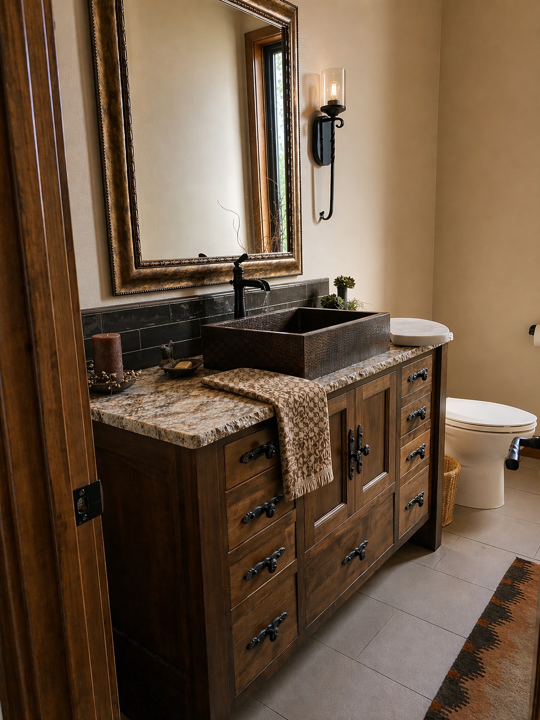 Powder room with hammered copper vessel sink, knotty alder vanity, leathered stone countertop, and ornate gold mirror — Griffin Residence