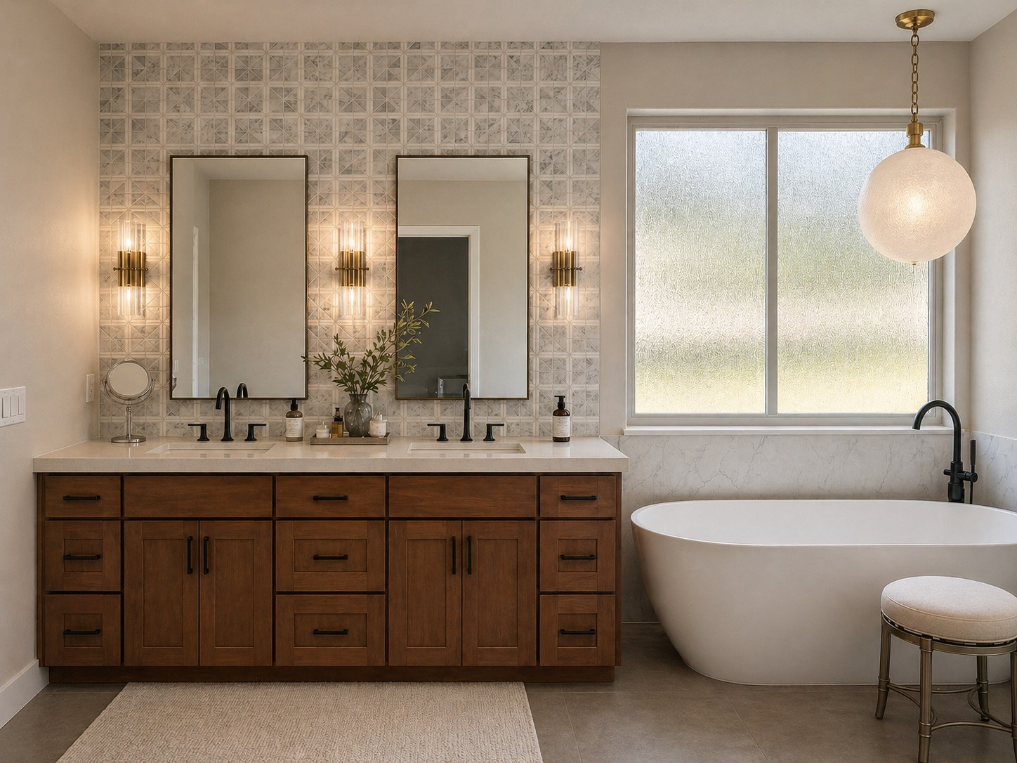 Master bath with double walnut vanity, freestanding soaking tub, diamond tile feature wall, brass globe pendant, and matte black faucets — Eagle Crest, Redmond Oregon