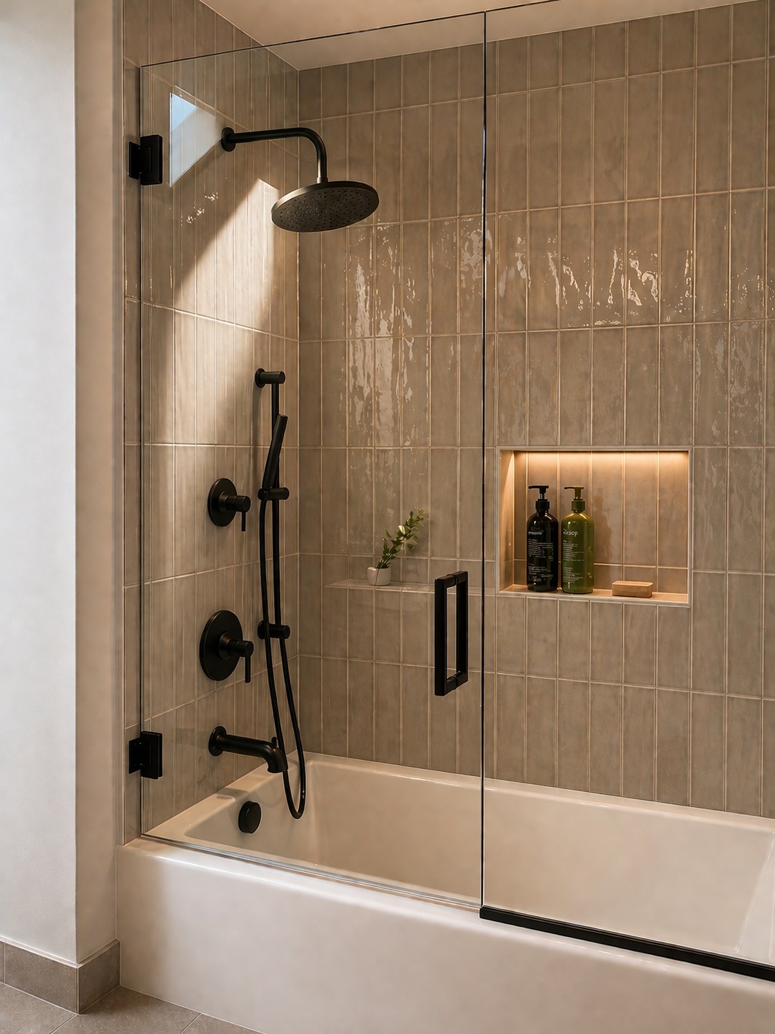 Shower with vertical taupe tile, matte black rainfall showerhead, frameless glass enclosure, and LED-lit built-in niche — Eagle Crest remodel, Redmond Oregon