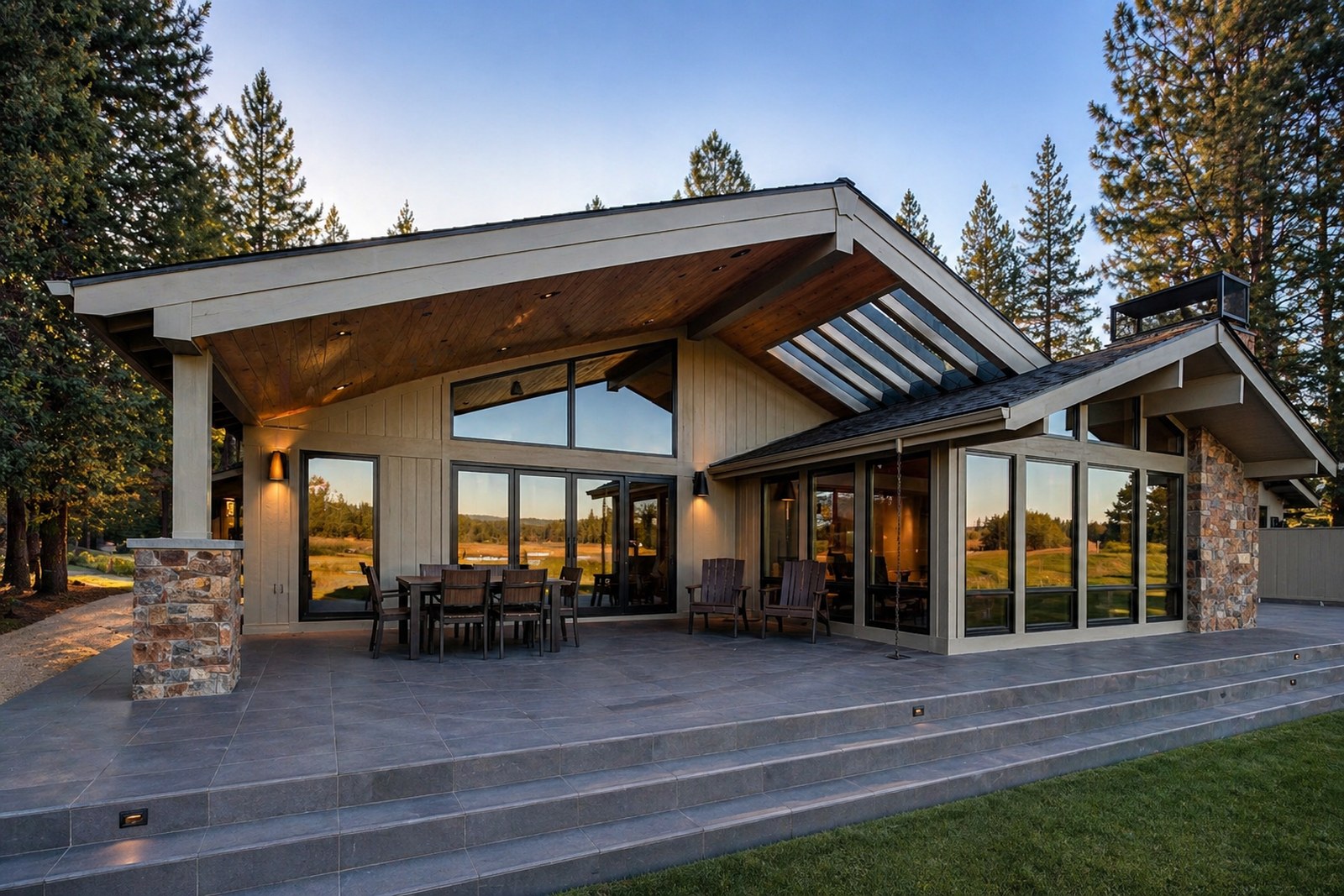 Sunriver Oregon custom home remodel by LT Northwest Builders featuring a lifted roof, backlit porcelain deck, wood-clad windows, and natural tongue and groove wood ceiling with mountain views