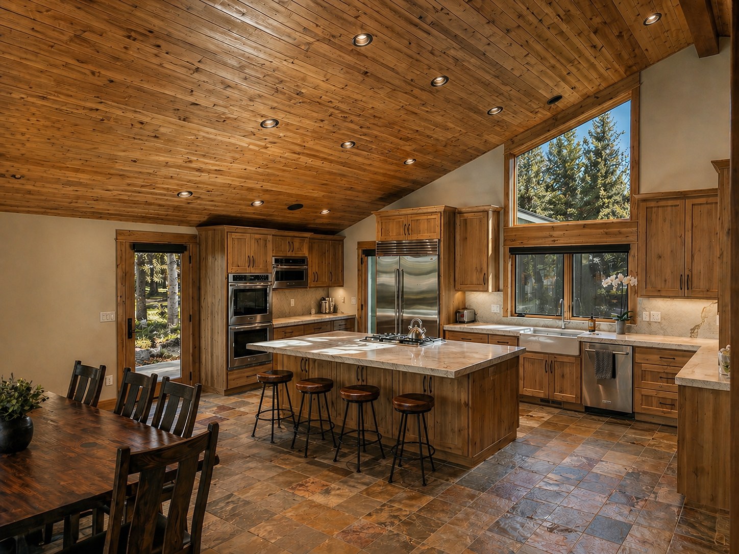 Custom kitchen remodel in Sunriver Oregon by LT Northwest Builders — knotty alder cabinetry, large quartz island with gas cooktop and bar seating, tongue and groove vaulted wood ceiling, slate tile floors, stainless steel appliances, farmhouse sink, and clerestory windows
