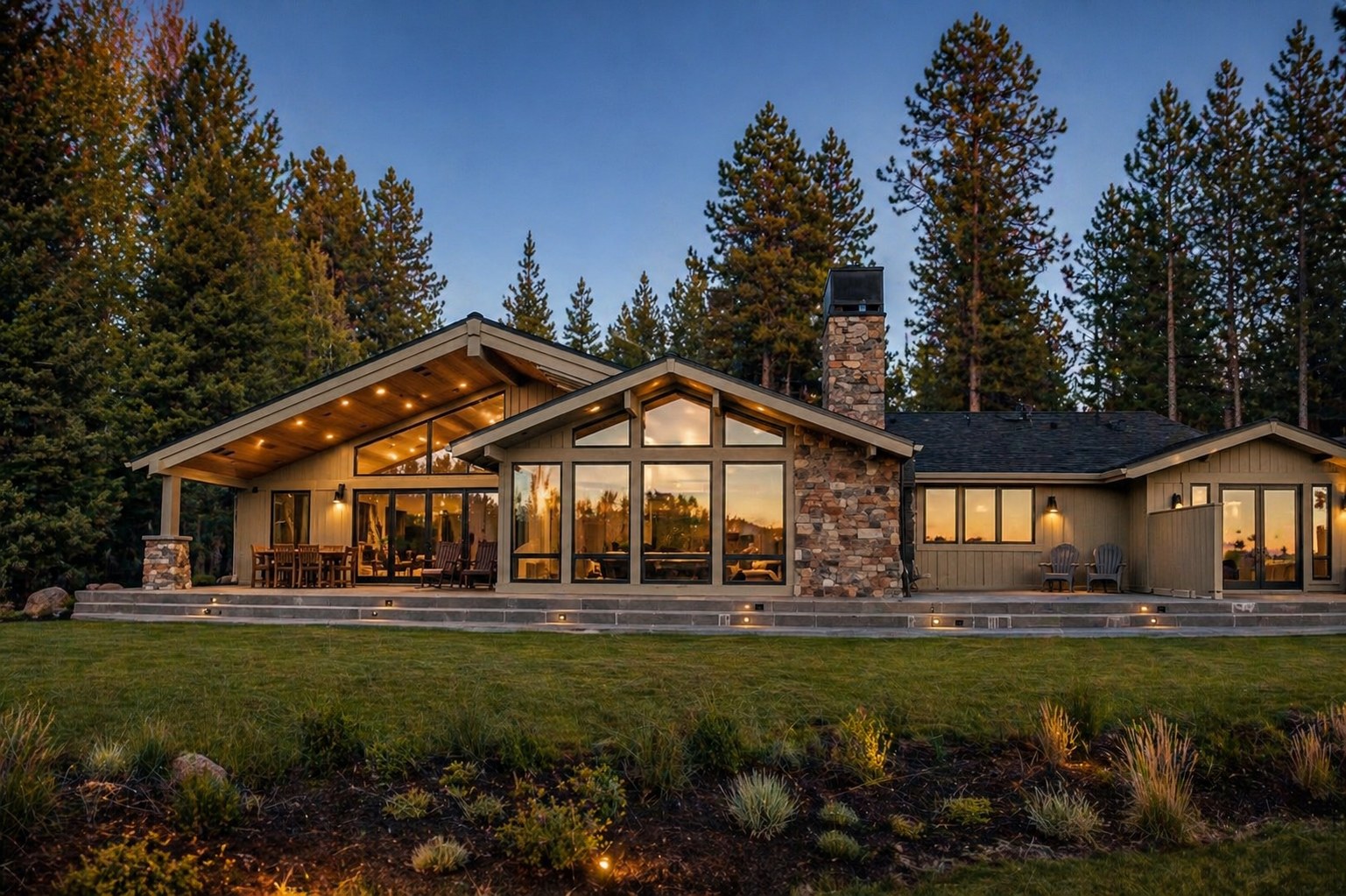 Sunriver Oregon waterfront home remodel at dusk — floor-to-ceiling windows, stone chimney, cedar covered patio, Periclean paver patio by LT Northwest Builders