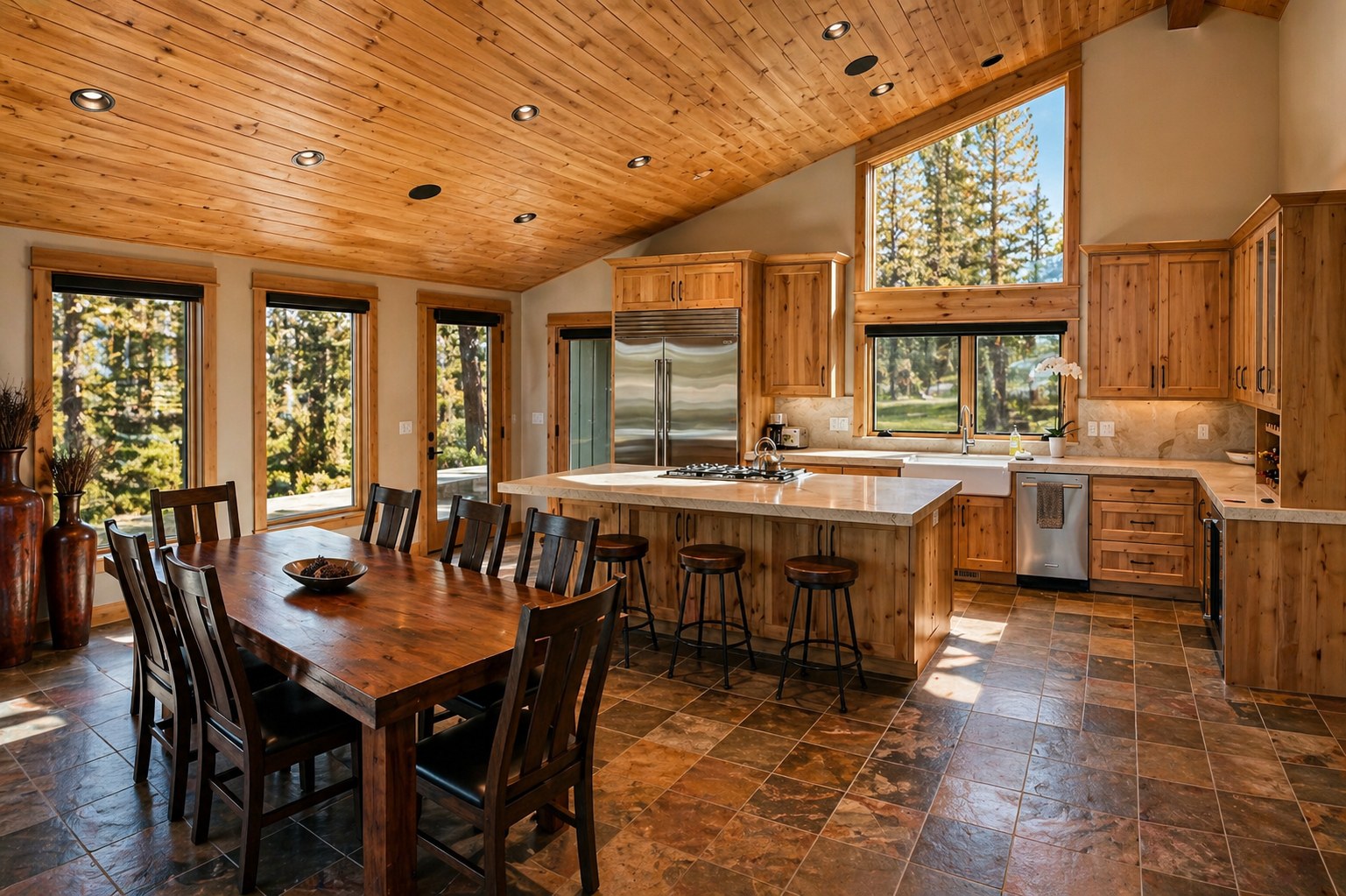 Sunriver remodel kitchen — knotty alder cabinets, vaulted pine ceiling, gas island, Sub-Zero refrigerator — LT Northwest Builders